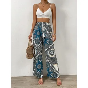 All Over Plants Print Tie Front High Waist Pants