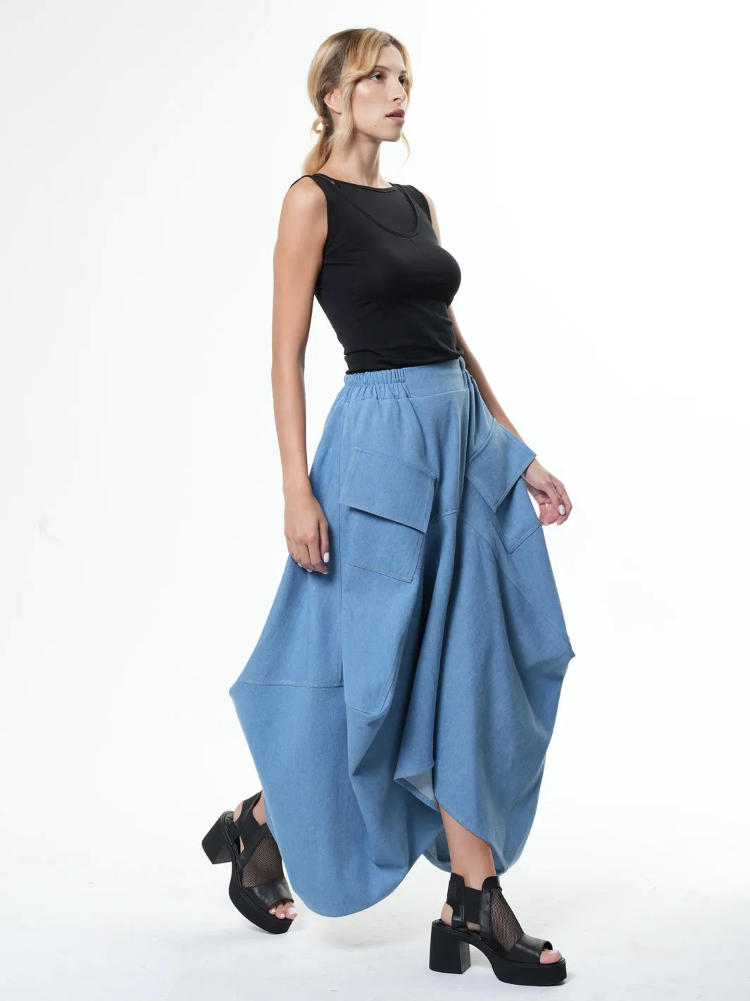 Asymmetrical Long Light Denim Skirt