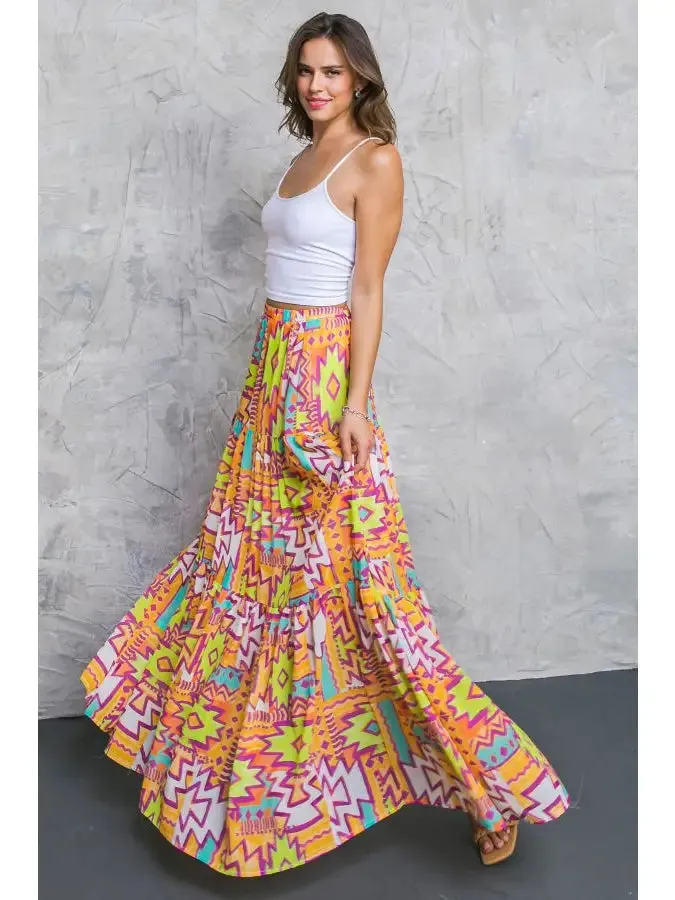 Aztec Printed Maxi Skirt - Orange