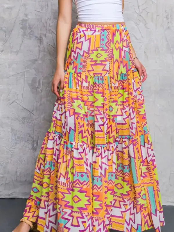 Aztec Printed Maxi Skirt - Orange