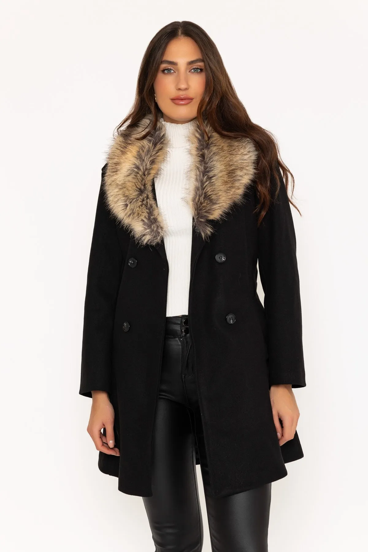 Black Faux Fur Trim Coat