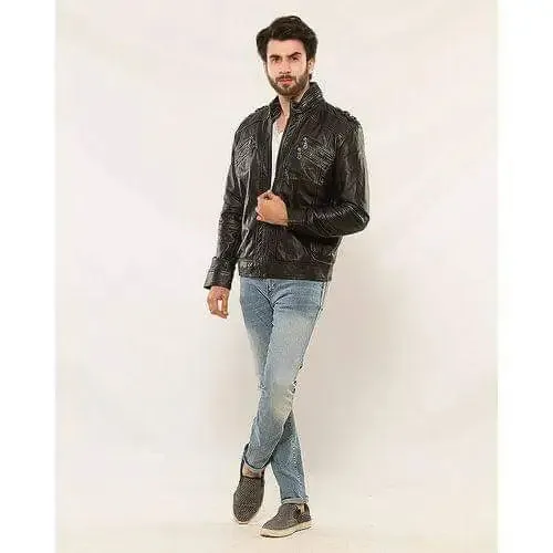 Black Leather Biker Jacket for Men