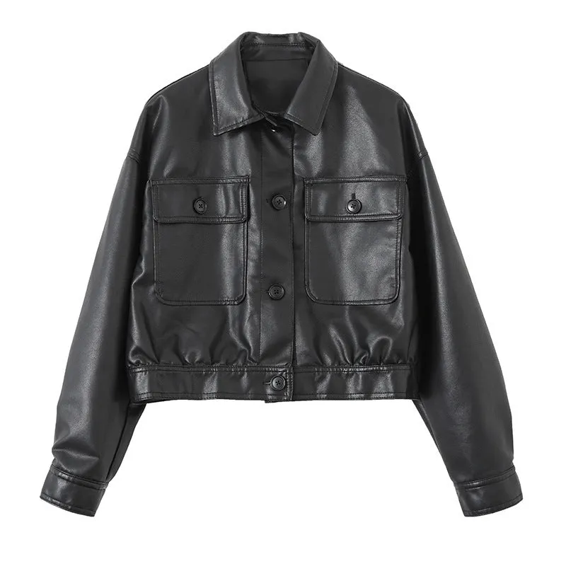 Black Long Sleeve Lapel Collar Leather Short Loose Waist Jacket Women Trendy