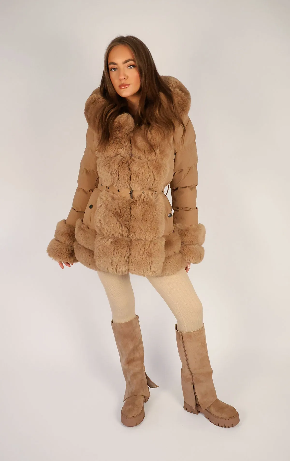 Camel Faux Fur Trim Puffer Hooded Coat