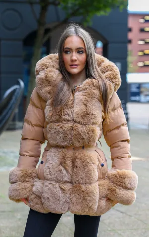 Camel Faux Fur Trim Puffer Hooded Coat