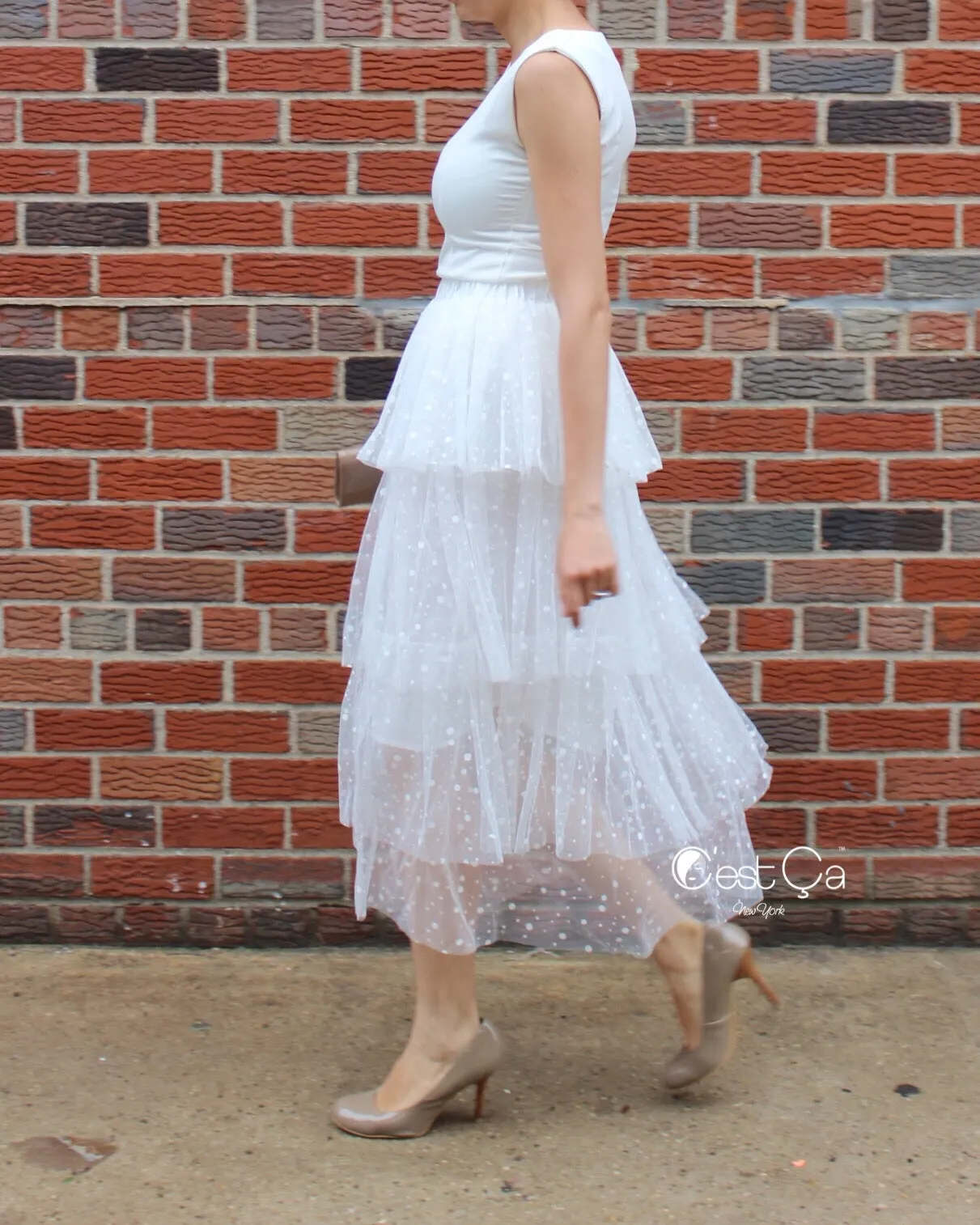 Crystal White Polka Dot Tiered Tulle Skirt - Maxi / Tea Length