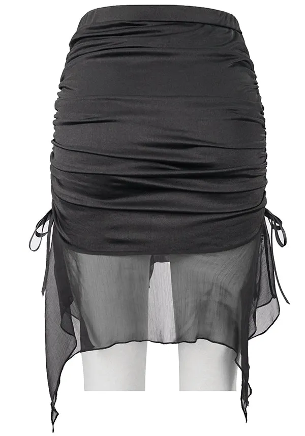 Devil Fashion Gothic Ruched Mini Skirt - Black with Sheer Lace Hem and Side Ties (Women's)