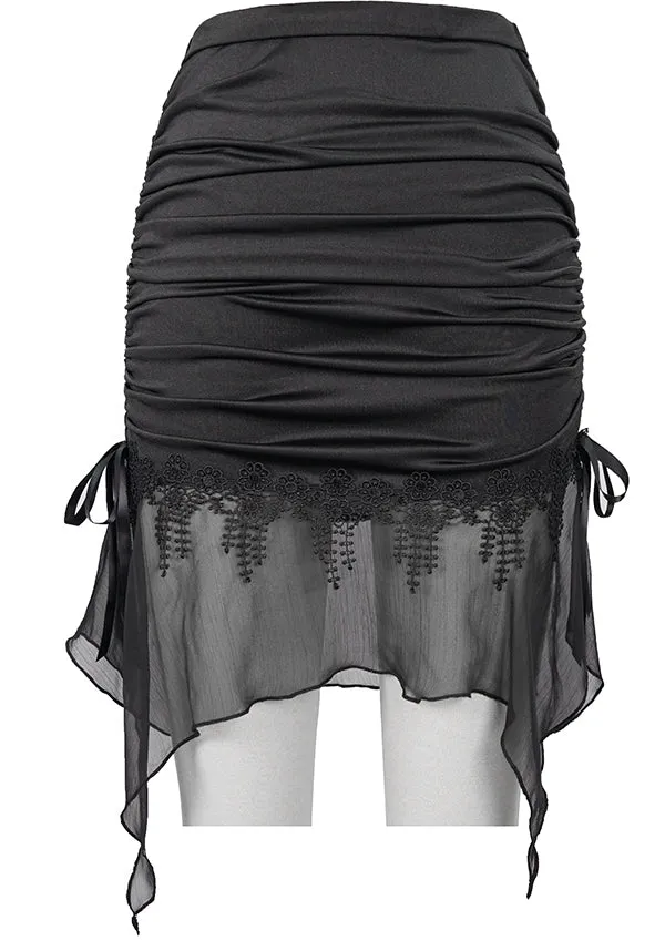 Devil Fashion Gothic Ruched Mini Skirt - Black with Sheer Lace Hem and Side Ties (Women's)