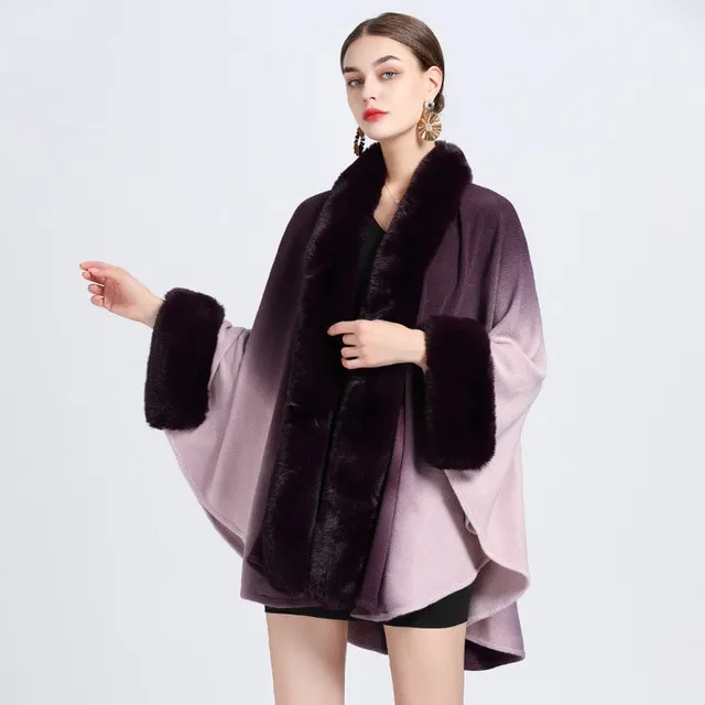 Faux Fur Tie Dye Knitted Poncho Fuzzy Panel Shawl