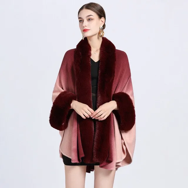 Faux Fur Tie Dye Knitted Poncho Fuzzy Panel Shawl