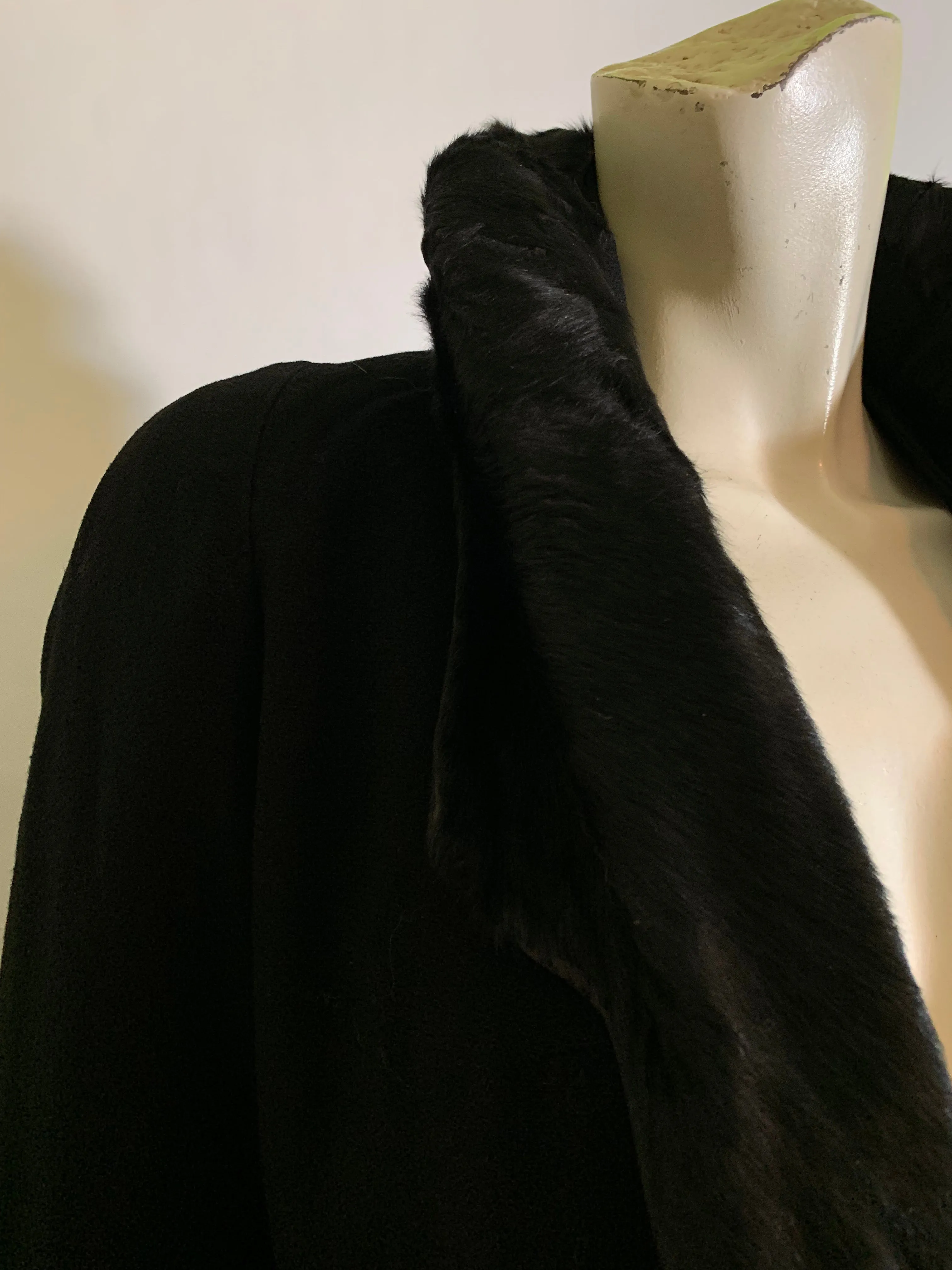 Glamorous Black Silk Coat with Sculpted Black Fur Stand Up Collar and Trim circa 1920s