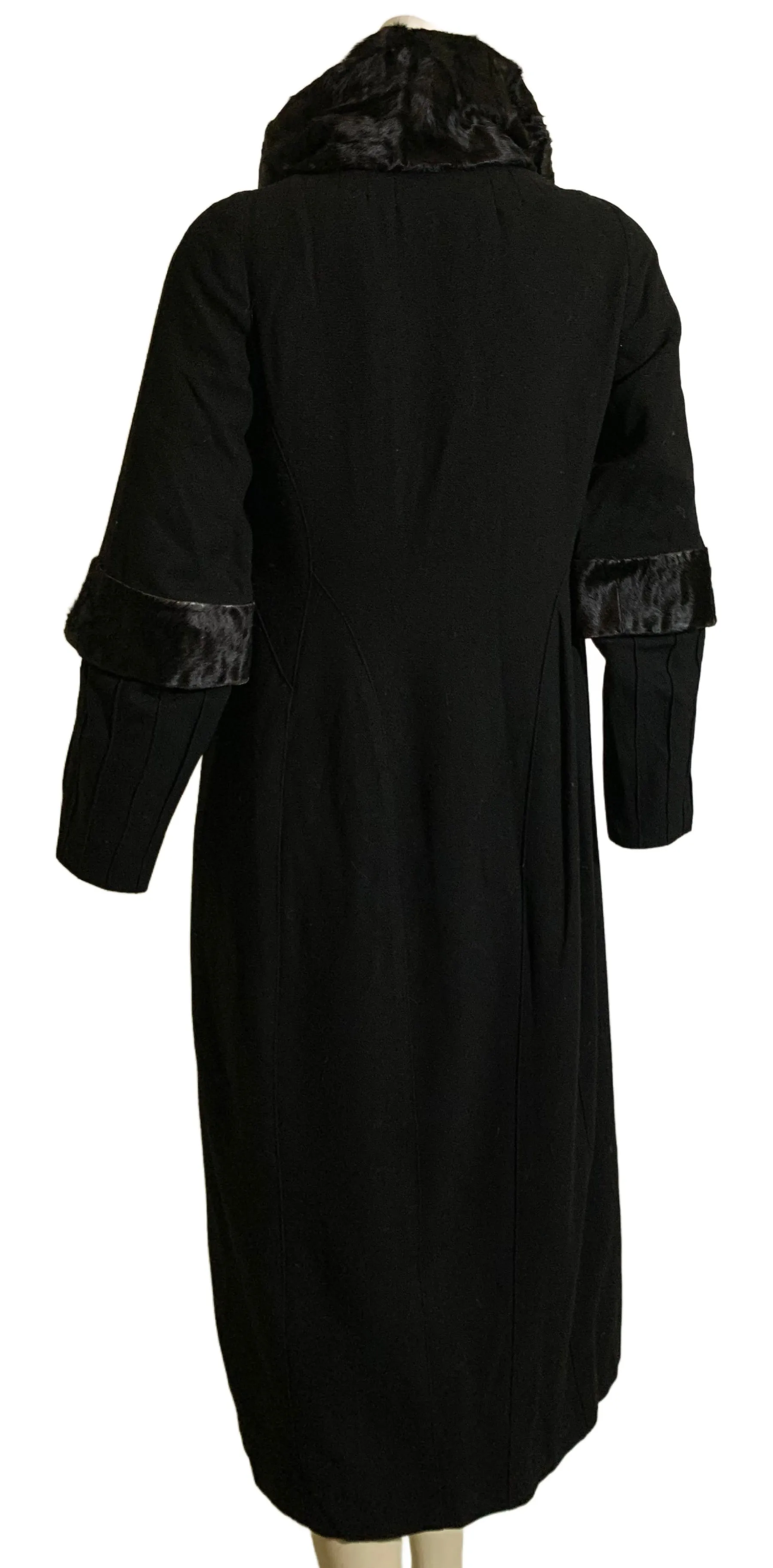 Glamorous Black Silk Coat with Sculpted Black Fur Stand Up Collar and Trim circa 1920s