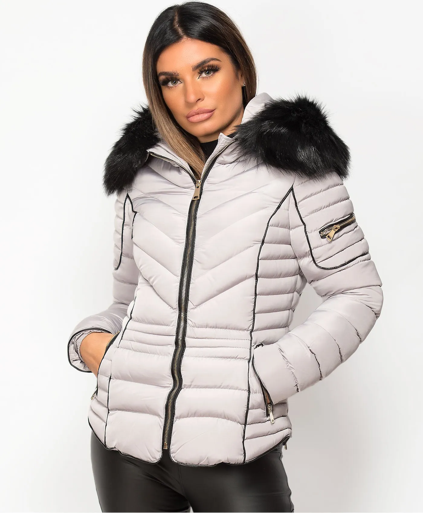 Grey Quilted Padded Chevron Piping Detail Fur Hooded Puffer Jacket