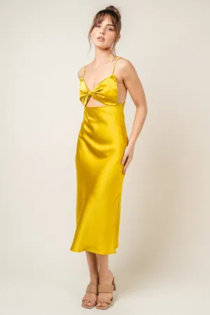 Inez Bow Cut Out Satin Slip Midi Dress - Chartreuse