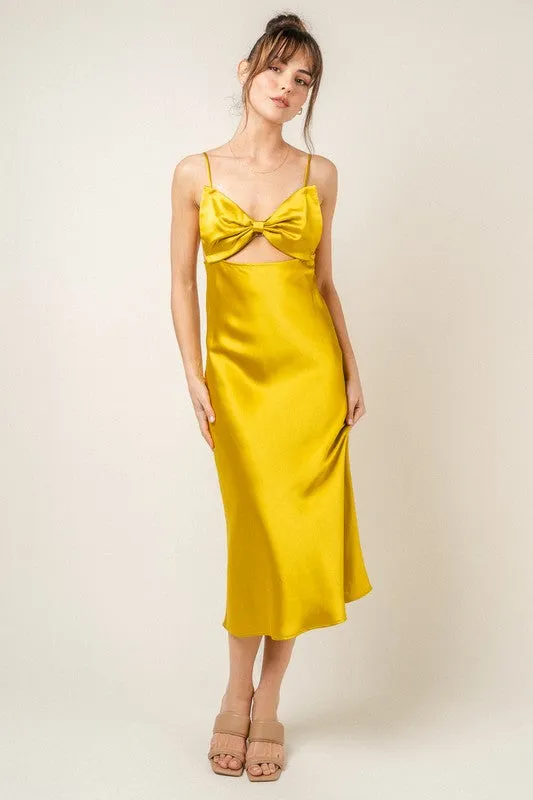 Inez Bow Cut Out Satin Slip Midi Dress - Chartreuse