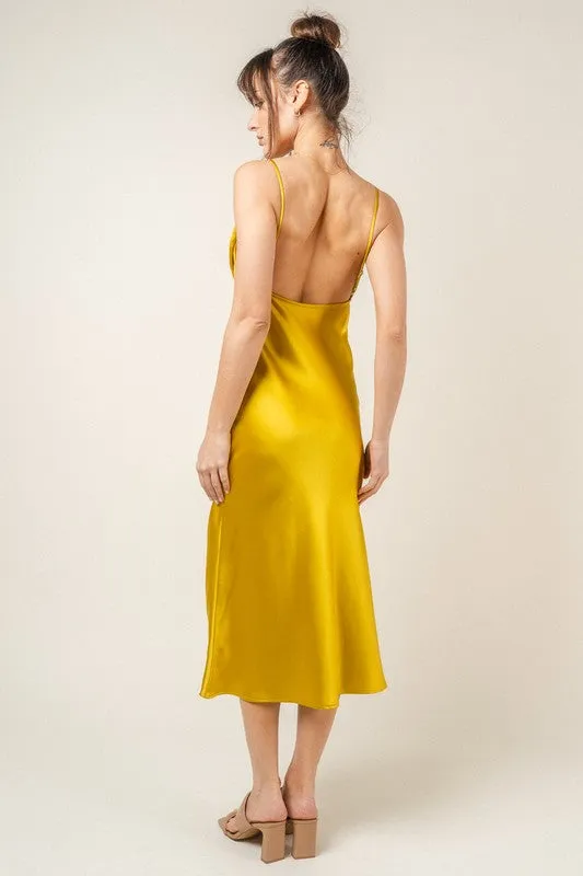 Inez Bow Cut Out Satin Slip Midi Dress - Chartreuse