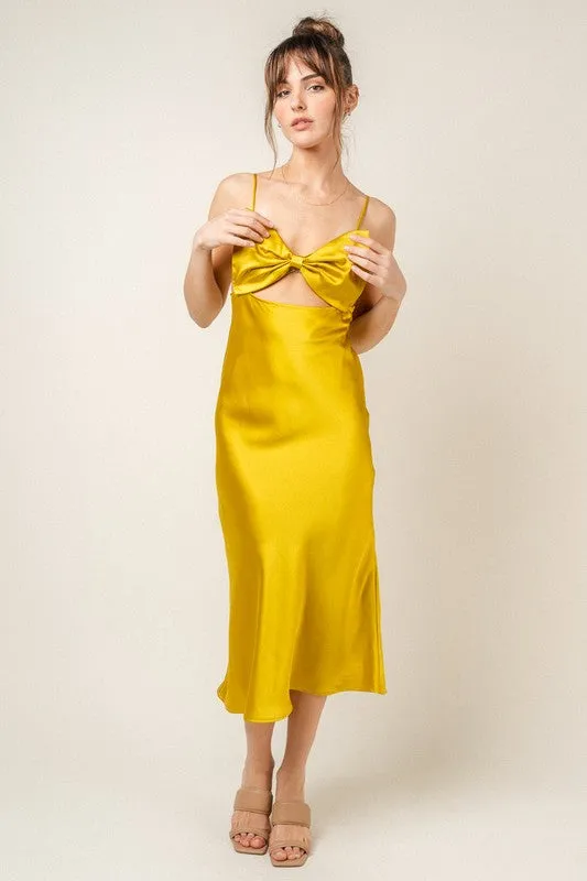 Inez Bow Cut Out Satin Slip Midi Dress - Chartreuse