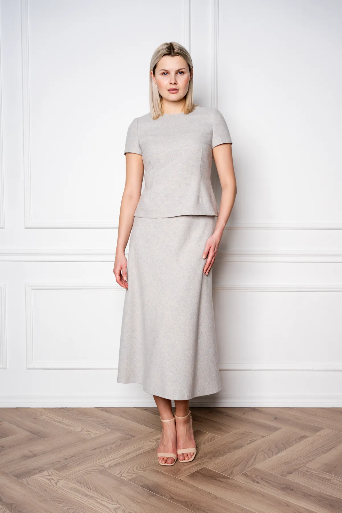 JASMINUM GRAY WOOL-CASHMERE TWEED MIDI SKIRT