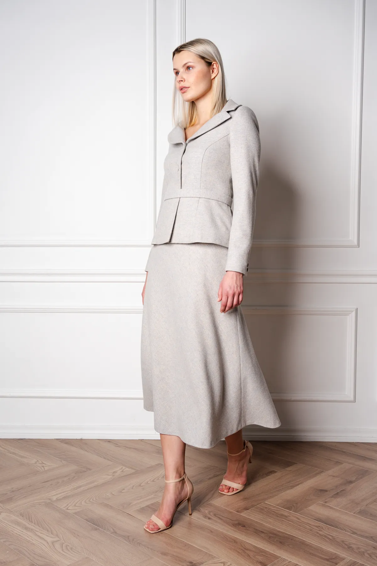 JASMINUM GRAY WOOL-CASHMERE TWEED MIDI SKIRT