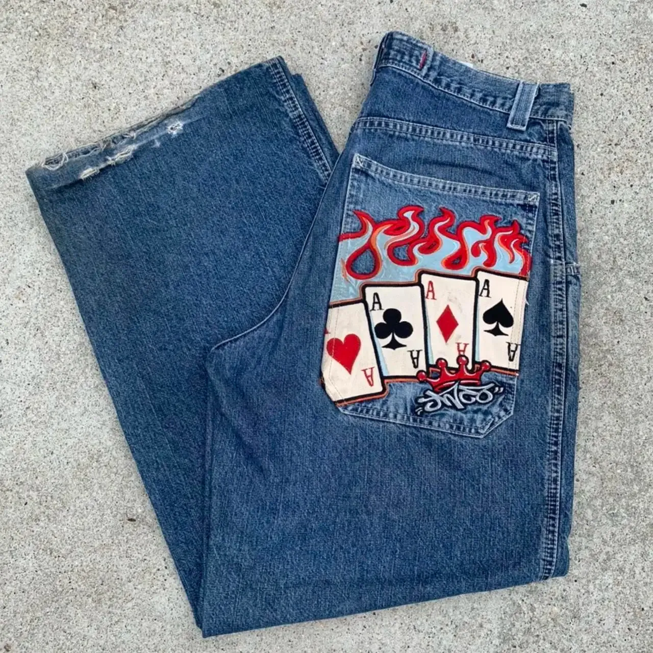 JNCO Jeans Y2K Harajuku Hip Hop Poker Graphic Retro Blue Baggy Jeans