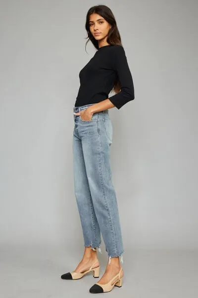 Kancan High Waist Raw Hem Cropped Wide Leg Jeans