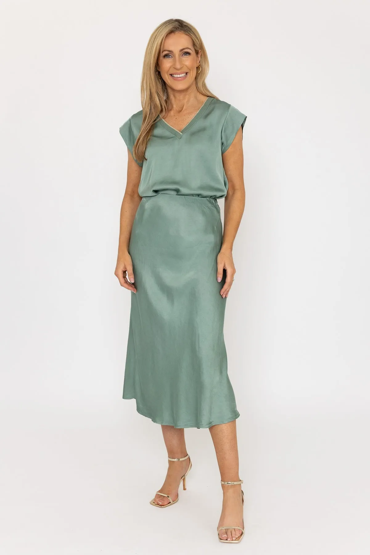 Khaki Sateen Midi Slip Skirt