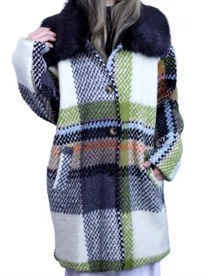 La Fiorentina Mid Length Plaid Wool Coat w/ Faux Fur Trim- Ivory/Black