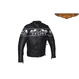 Leather Jacket With Sleek Collar and Reflective Skulls & Gun Pockets