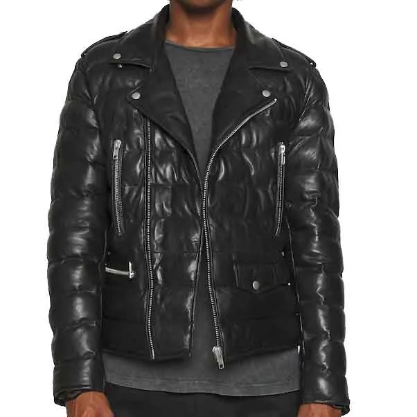 Mens Biker Style leather Puffer Jacket