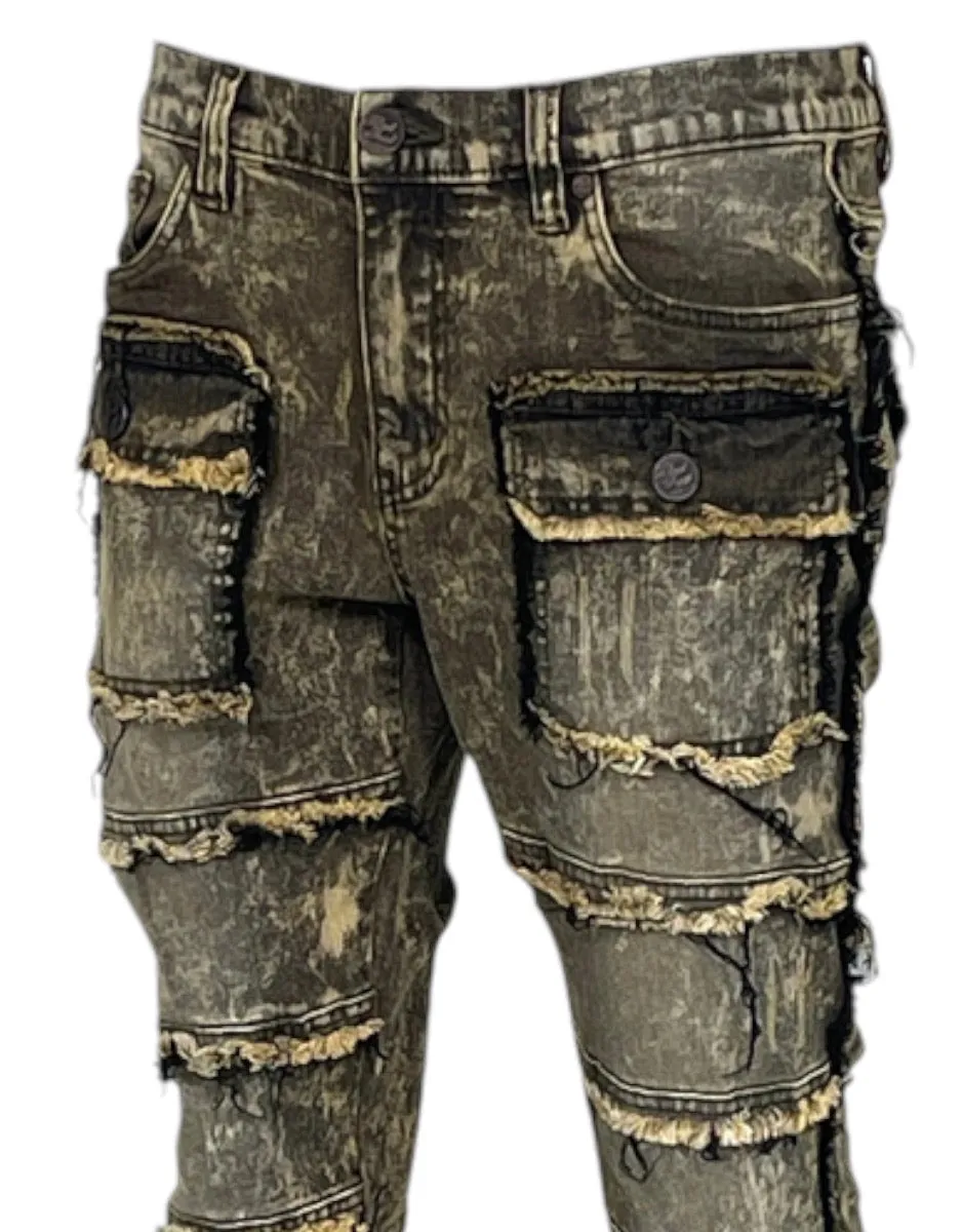 Olive Stacked Jeans Men's Denim Pants Frayed Stack Fit with Pockets