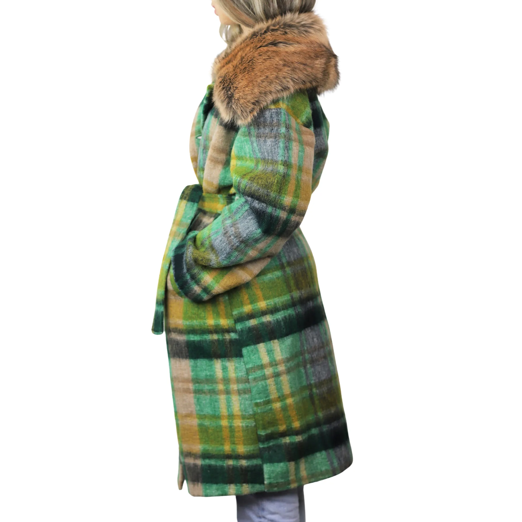 Plaid Long Coat with Trim / Tie Waist - Green