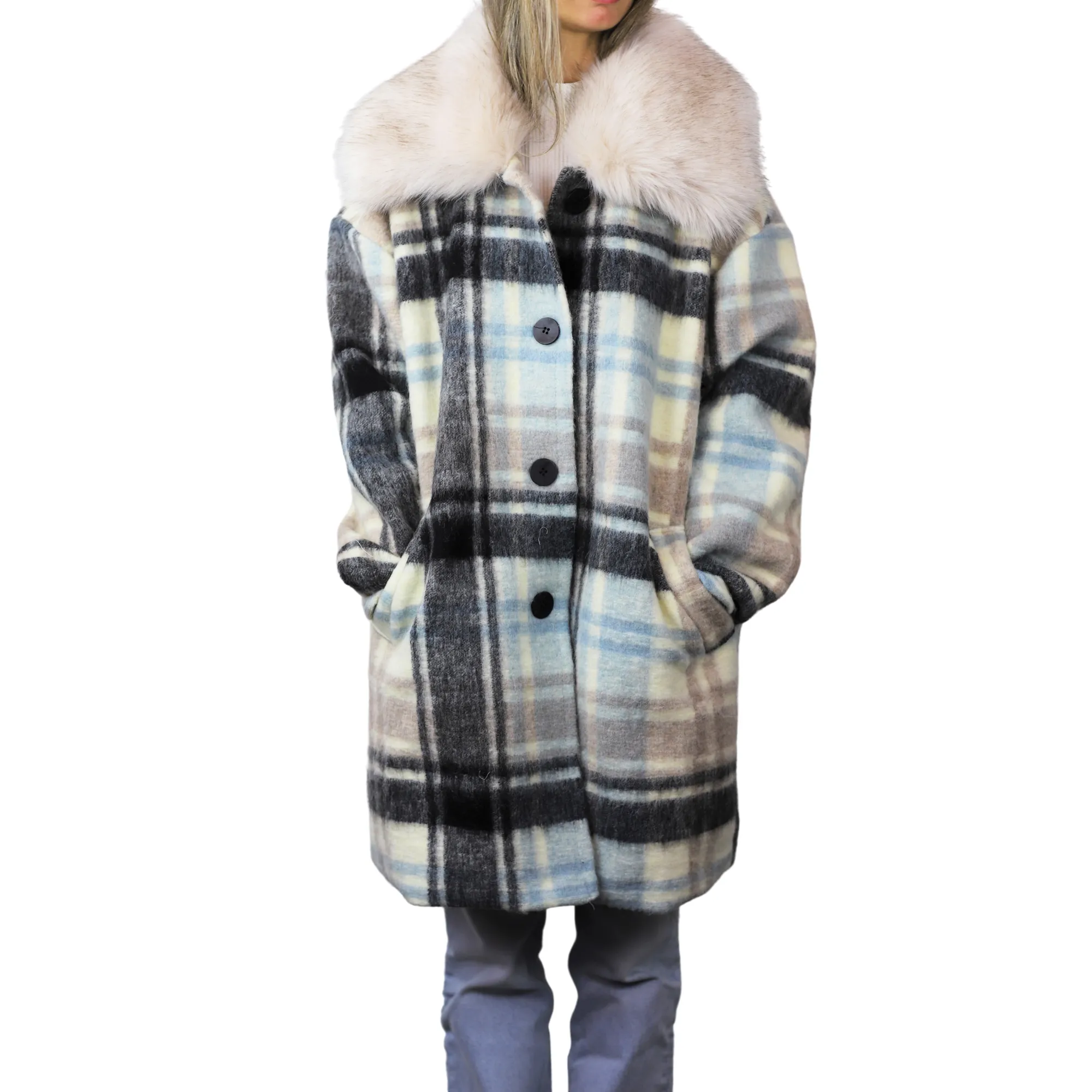 Plaid Mid length Coat with Trim - White