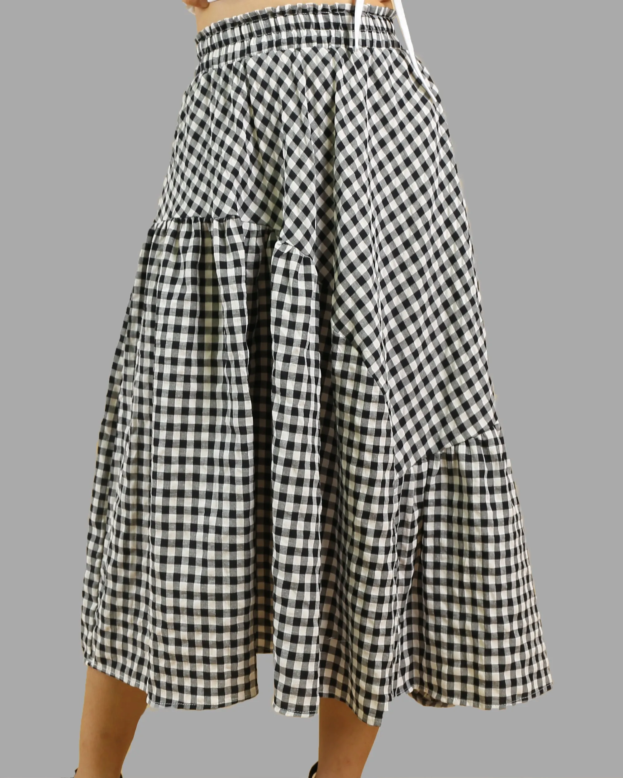 Plaid skirt, elastic waist skirt, high waist skirt, midi linen skirt, flared skirt, checkered skirt(Q1060)