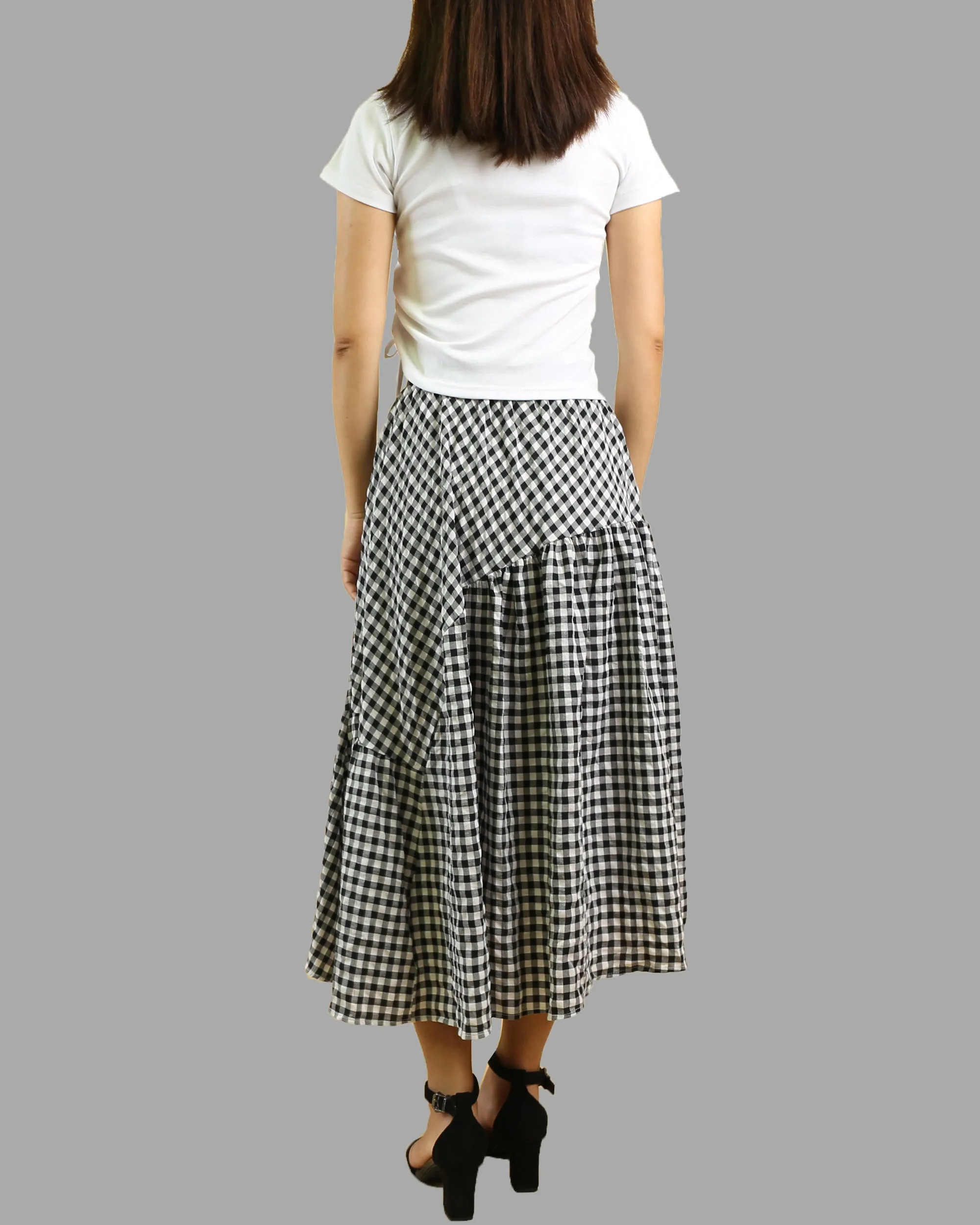 Plaid skirt, elastic waist skirt, high waist skirt, midi linen skirt, flared skirt, checkered skirt(Q1060)