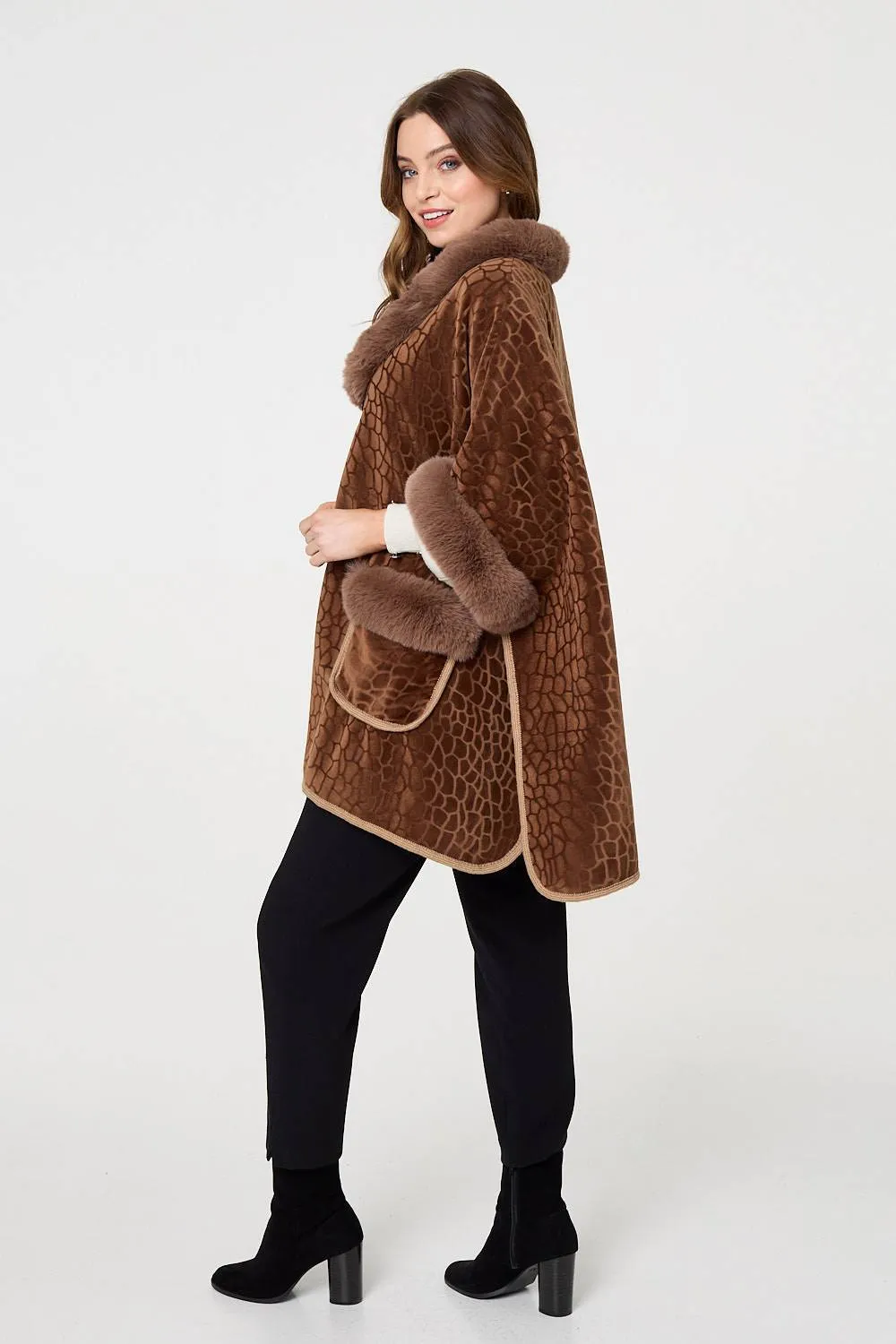 Printed Faux Fur Trim Cape Coat