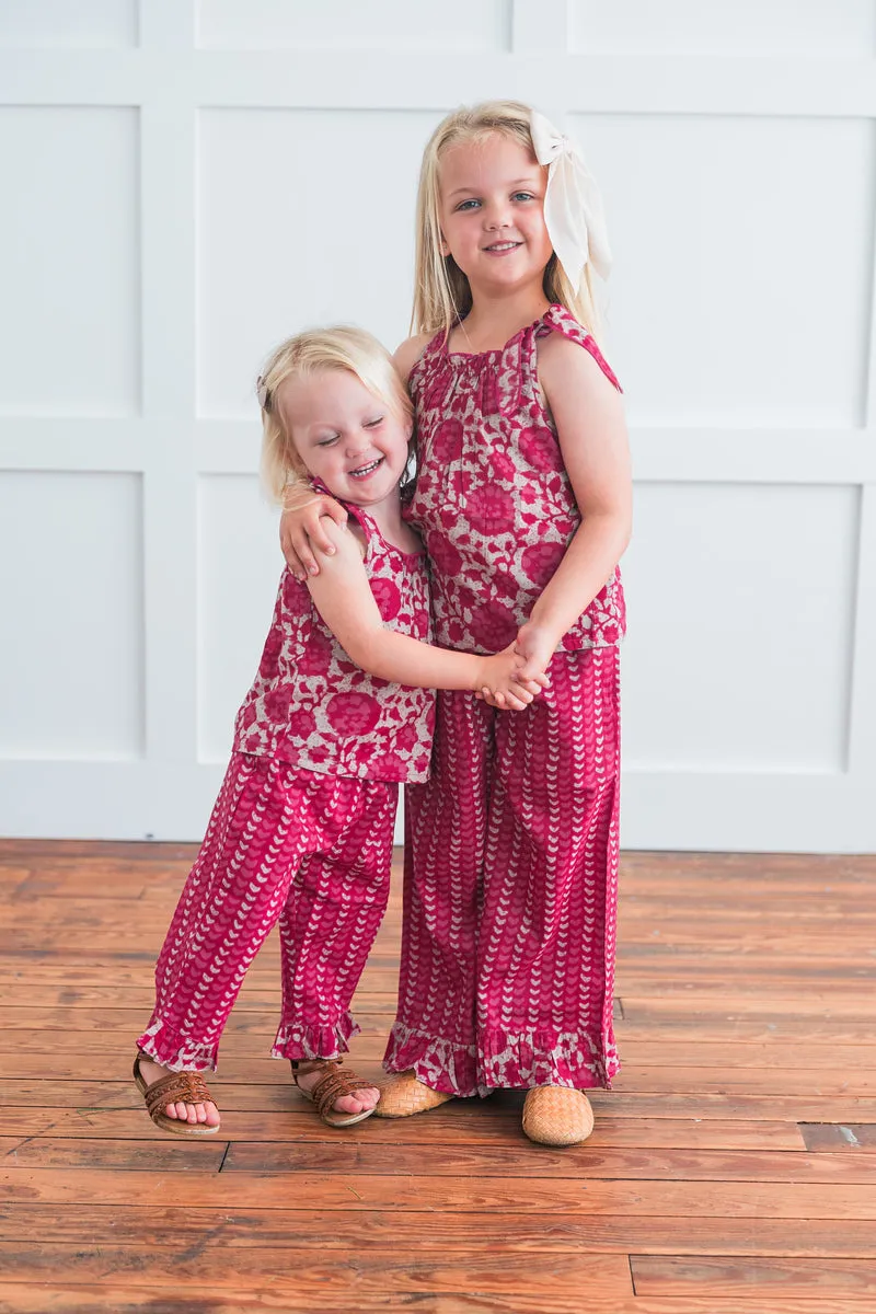 Printed Hot Pink Top with Striped Ruffle Pants 2 pc. Set