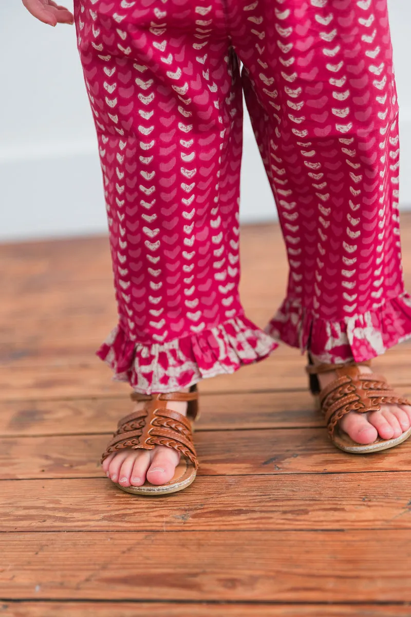 Printed Hot Pink Top with Striped Ruffle Pants 2 pc. Set