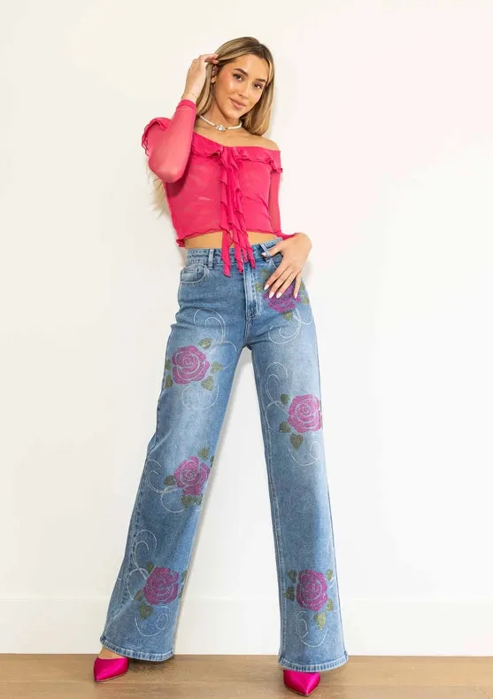 Rose Rhinestone Wide Jeans