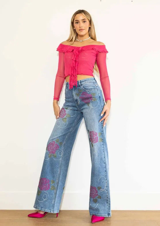 Rose Rhinestone Wide Jeans