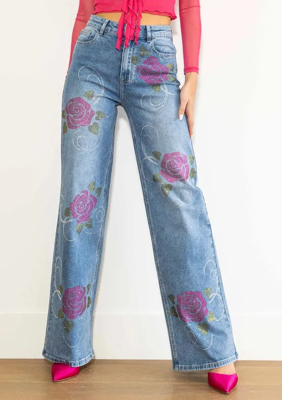 Rose Rhinestone Wide Jeans