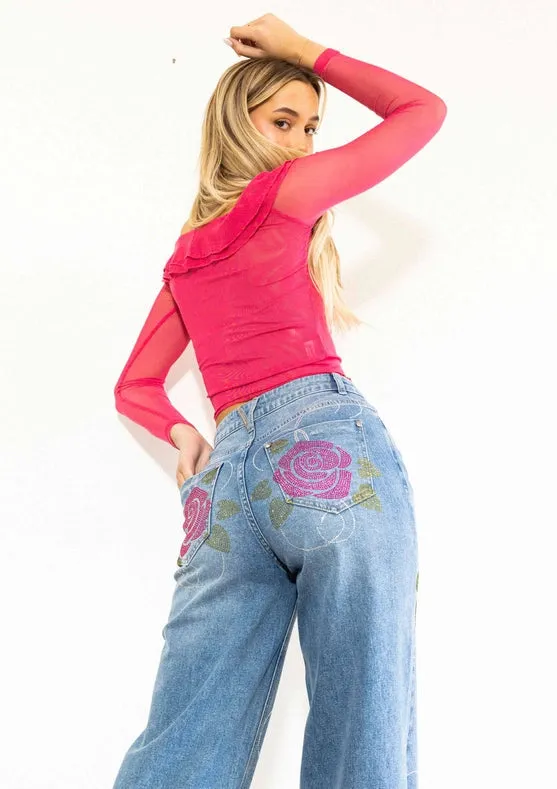 Rose Rhinestone Wide Jeans