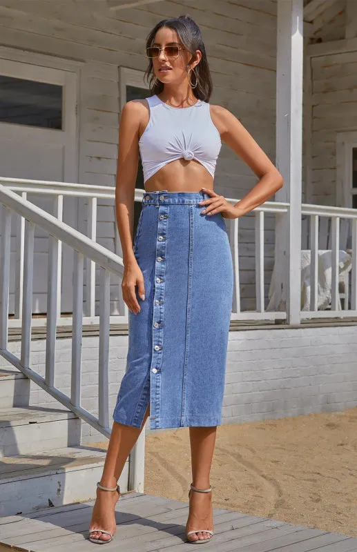 Split Denim High Waist Skirt