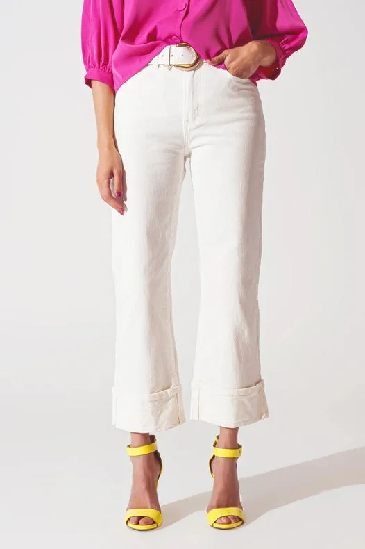 Straight Leg Jeans With Cropped Hem In White