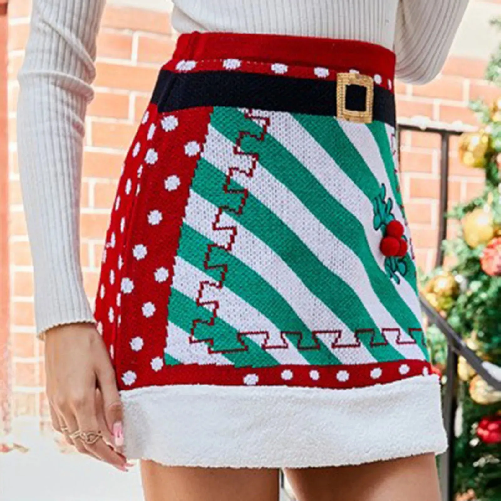 Uniwim Women Christmas Knit Mini Skirt Dots Mistletoe Pattern Sequin Hem Xmas Skater Short Skirts Metallic Pencil Skirt