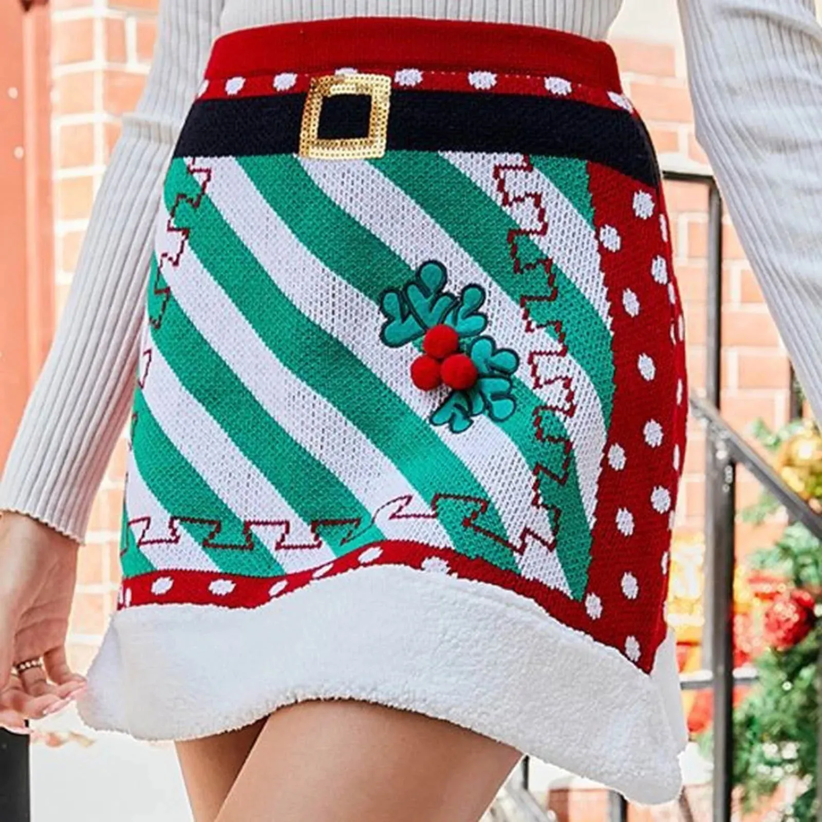 Uniwim Women Christmas Knit Mini Skirt Dots Mistletoe Pattern Sequin Hem Xmas Skater Short Skirts Metallic Pencil Skirt