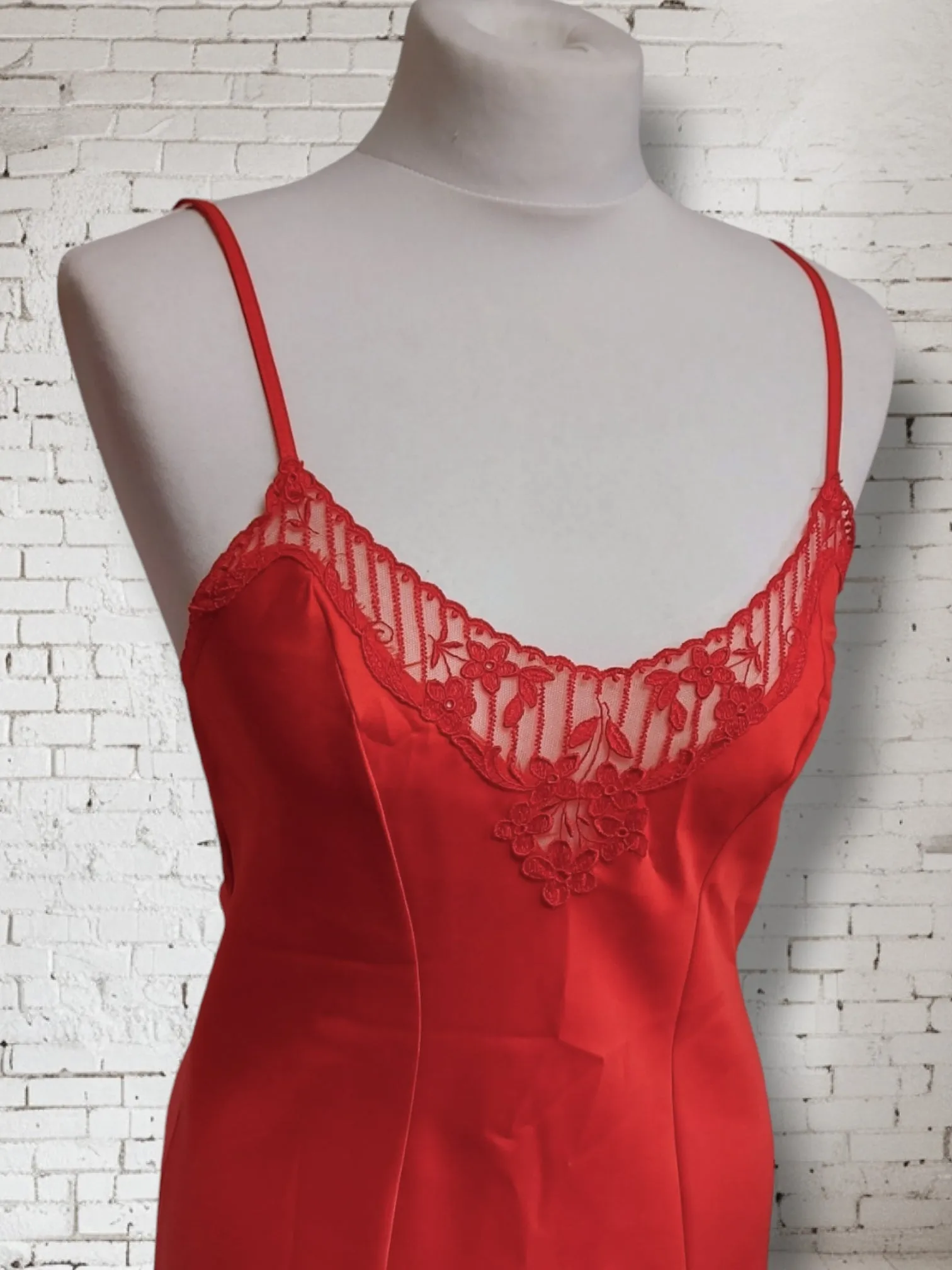 Vintage 1960s St Michael Red Satin Slip Lingerie Dress With Lace Trim UK8