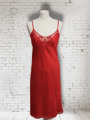 Vintage 1960s St Michael Red Satin Slip Lingerie Dress With Lace Trim UK8