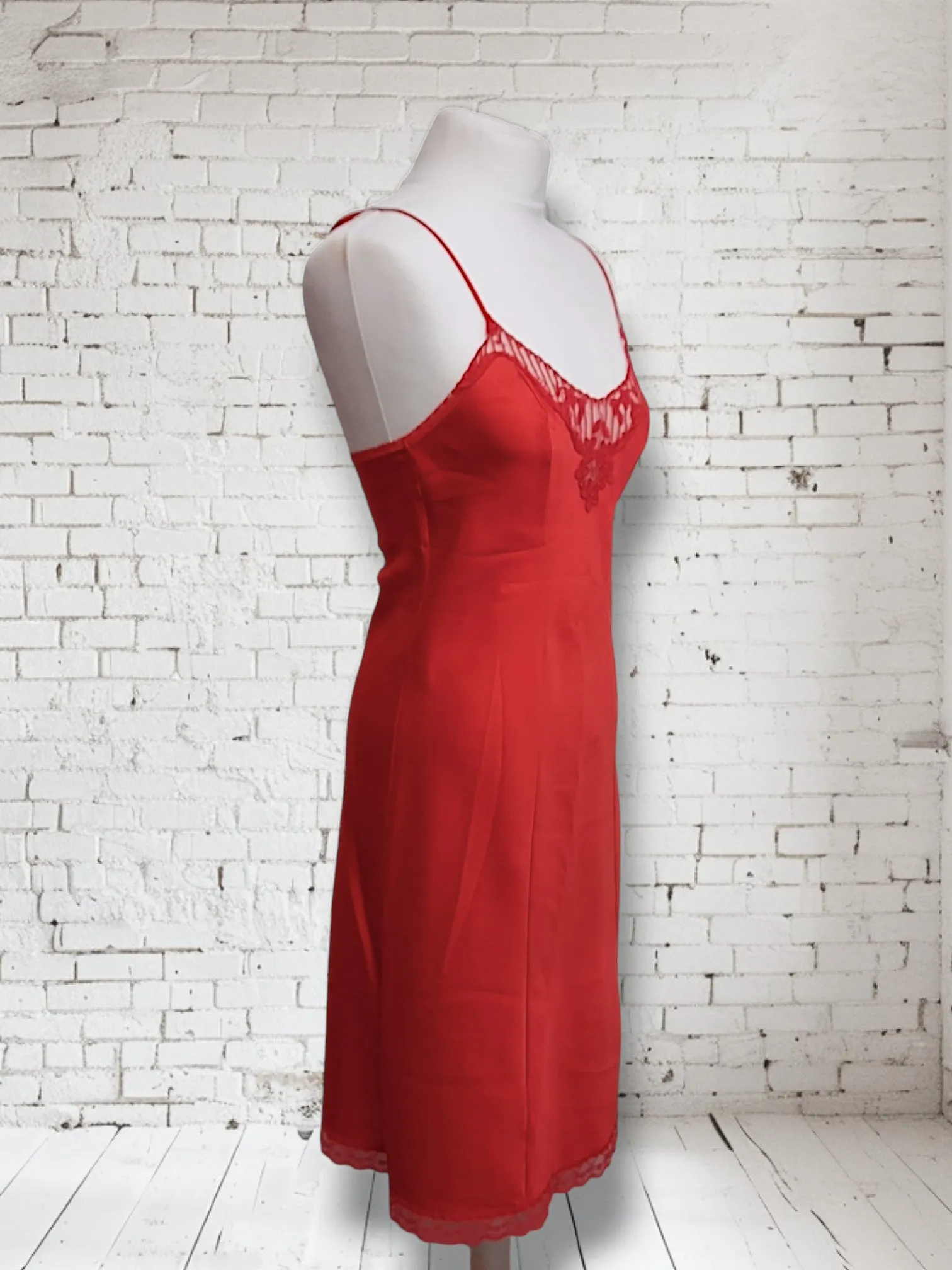 Vintage 1960s St Michael Red Satin Slip Lingerie Dress With Lace Trim UK8