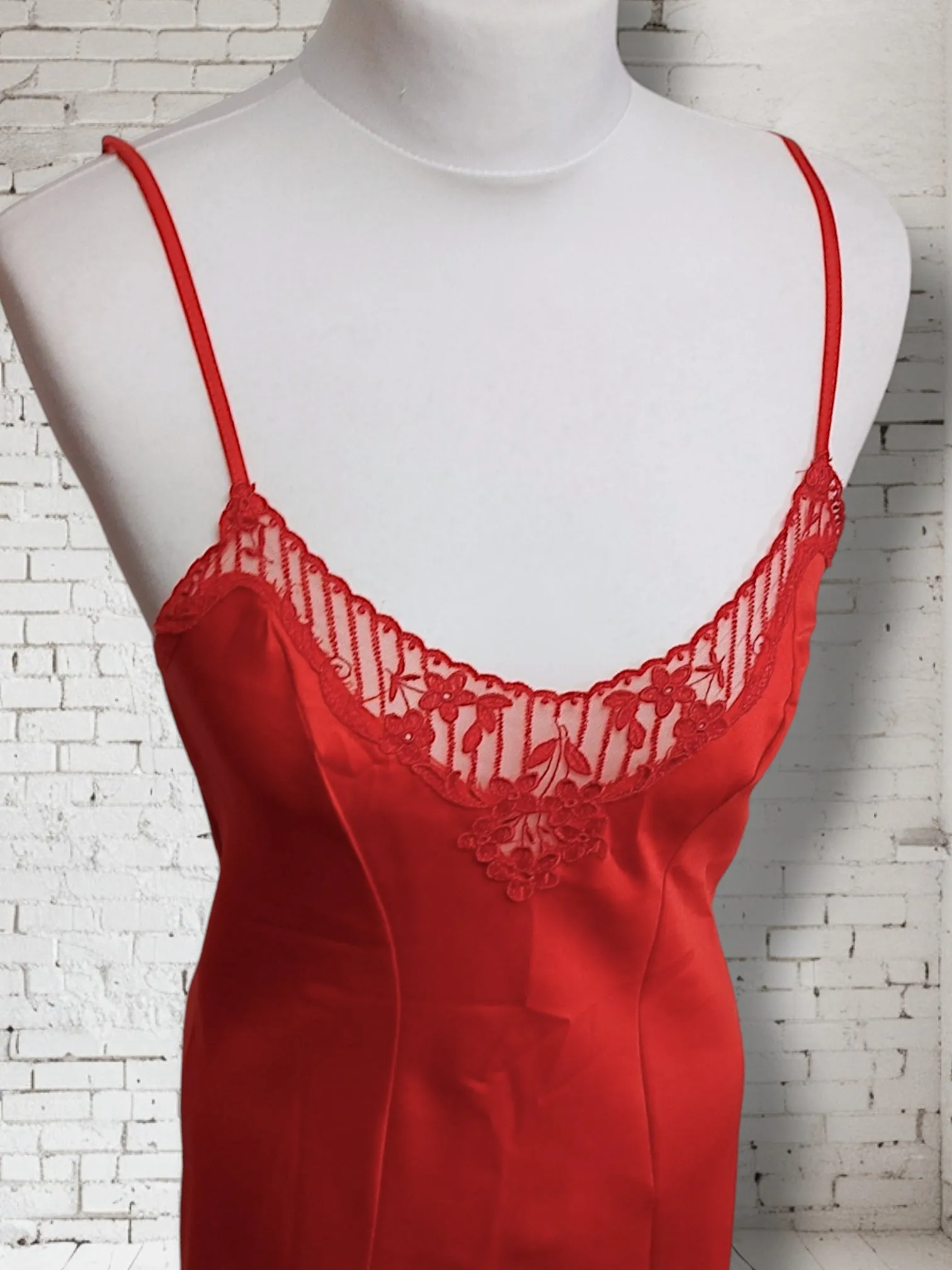 Vintage 1960s St Michael Red Satin Slip Lingerie Dress With Lace Trim UK8