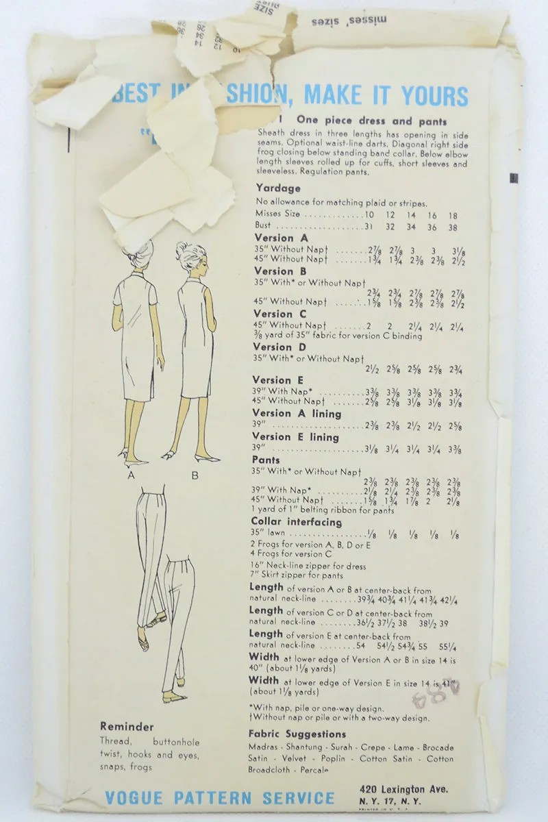 Vogue 5571 Vintage 1960s Dress Pants Sewing Pattern Uncut Factory Folded